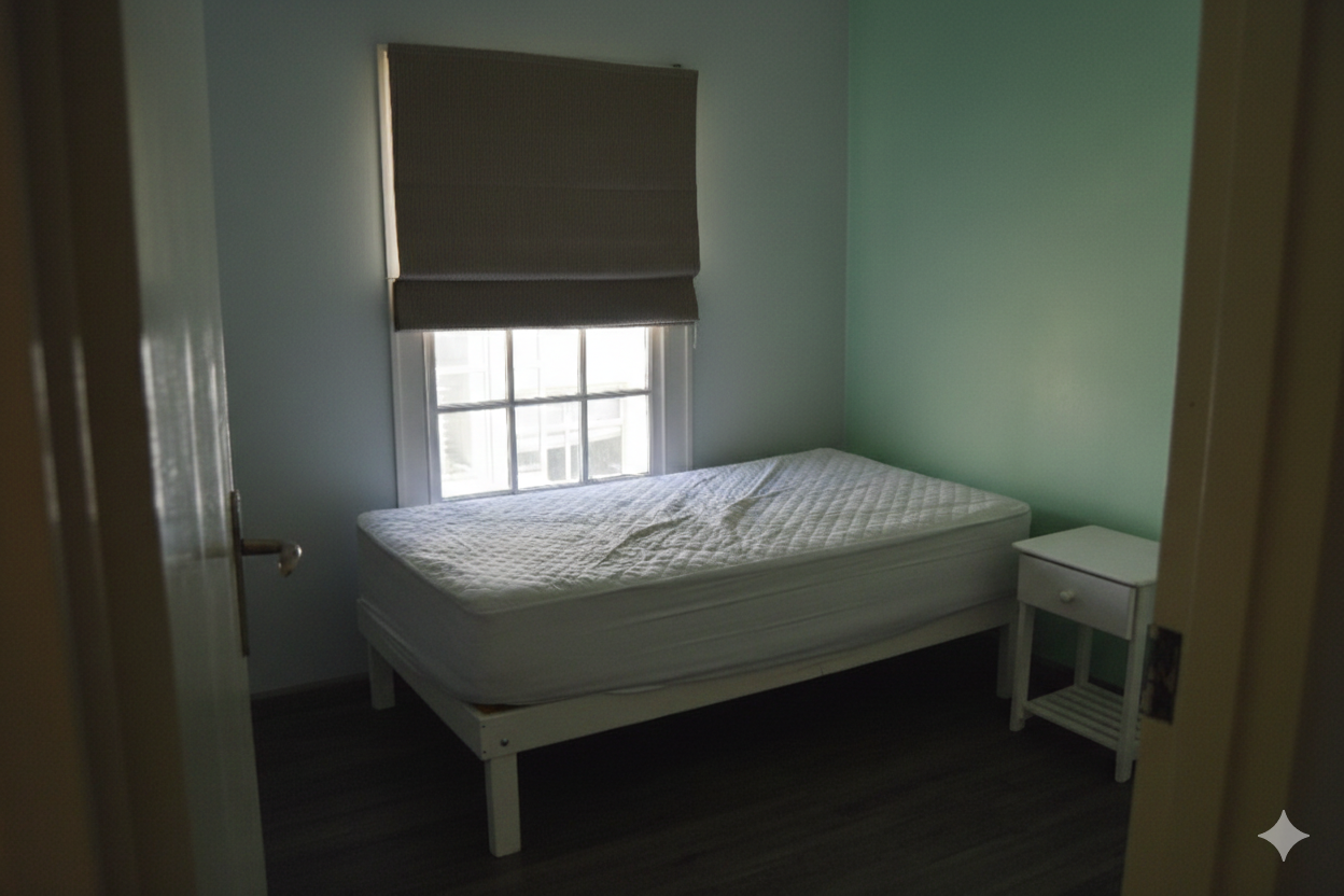 A bright student bedroom prepared for move-in